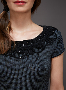 Short-sleeve Sweater with Lace-effect Collar