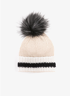 Three color hat with fur pompom