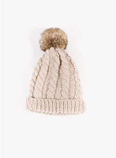 Cable hat with fur pompom