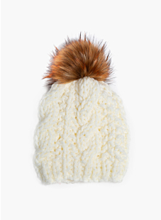 Cable hat with furry pompom