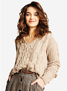 V-neck sweater with cables and bobbles
