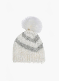 Zebra stripe hat with furry pompom