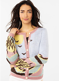 Thin landscape intarsia cardigan with round collar