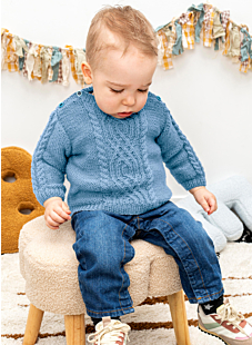 Boat neck baby sweater with central cable