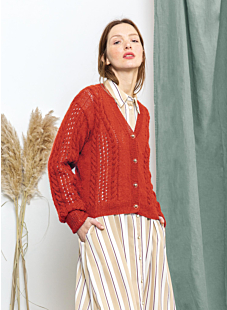 Cable-knit and openwork V-neck cardigan