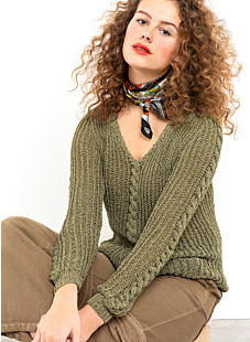 V-neck sweater with english rib and cables