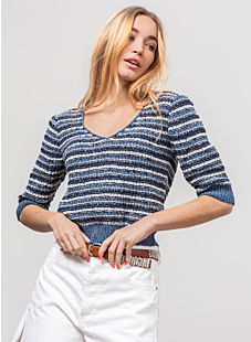 Short sleeve Tricolour sweater in pattern stitch