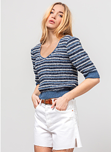 Short sleeve Tricolour sweater in pattern stitch