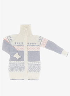 Long, raglan sleeved, high-necked Jacquard cardi