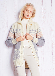 Long, raglan sleeved, high-necked Jacquard cardi