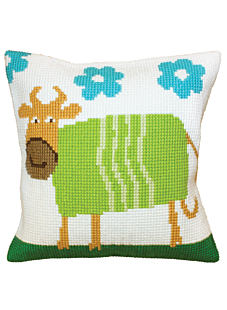 Green cow cross-stitch cushion kit, 40 cm x 40 cm
