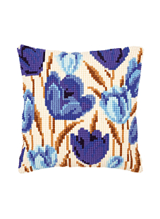 Blue tulips cross-stitch cushion kit, 40 x 40 cm