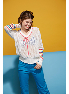 lace sweater with striped sleeves